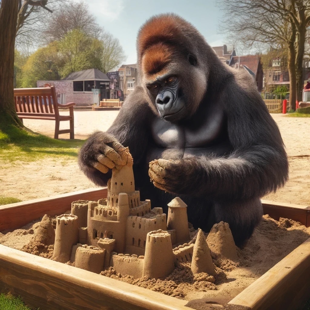 砂場でお城を建てるゴリラ