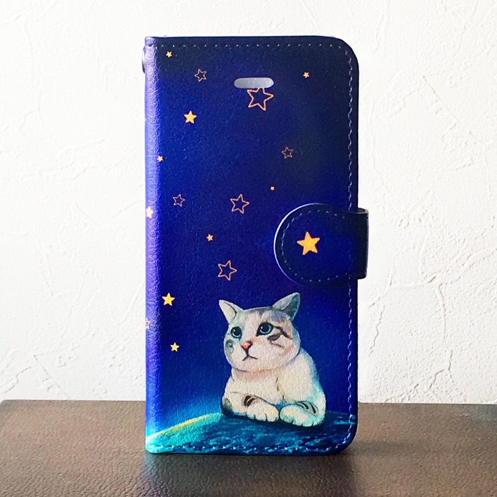 手帳型スマホケース【星をみる猫】iPhoneシリーズ・送料無料