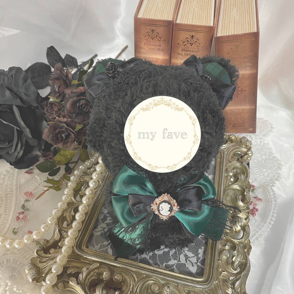 ぬい服 16cm 着ぐるみ くま チェック リボン 緑 肩掛けチェーン付き