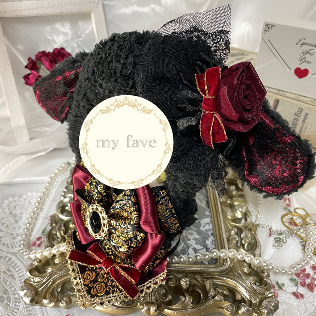 ぬい服 16cm 着ぐるみ うさぎ 黒 リボン ワインレッド 薔薇 トーク帽