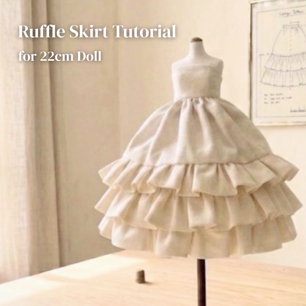 22cmドール用 フリルベーススカート 写真付きソーイングガイド（ティアード／型紙付き）