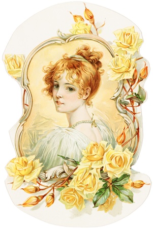 PNG画像：黄薔薇と令嬢アンティークイラスト