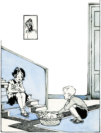 PNG画像：子供と猫と階段レトロイラスト