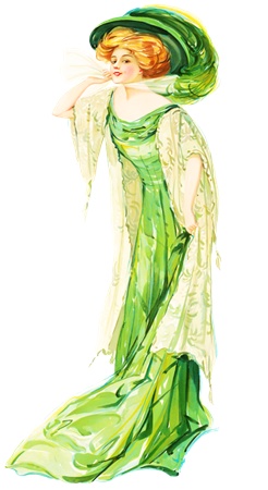 PNG画像：緑色のドレスを着た淑女アンティークイラスト