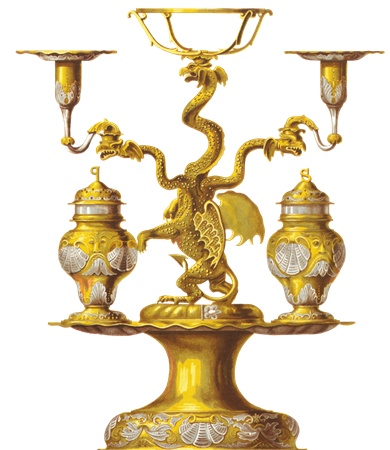PNG画像：ドラゴンモチーフの燭台（キャンドルスタンド）アンティークイラスト
