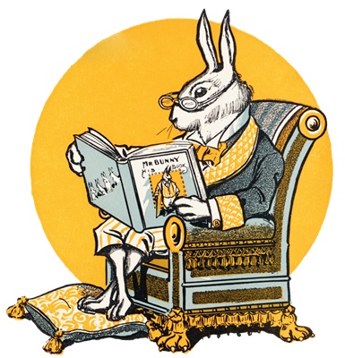 PNG画像：本を読むウサギ紳士アンティークイラスト