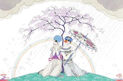 PNG画像：桜と天気雨アンティークイラスト