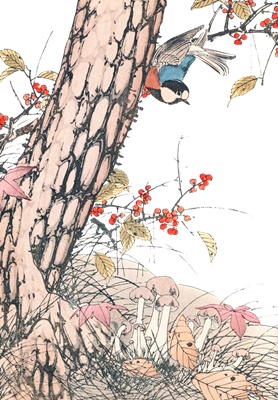 PNG画像：秋の山と小鳥 アンティークイラスト