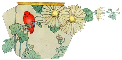 PNG画像｜小鳥と小菊の花瓶アンティークイラスト素材