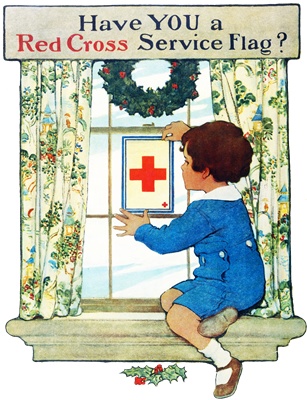 PNG画像｜赤十字を飾る少年とクリスマス アンティークイラスト素材