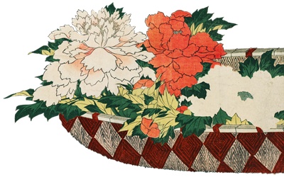 PNG画像｜牡丹の花籠　浮世絵アンティークイラスト素材