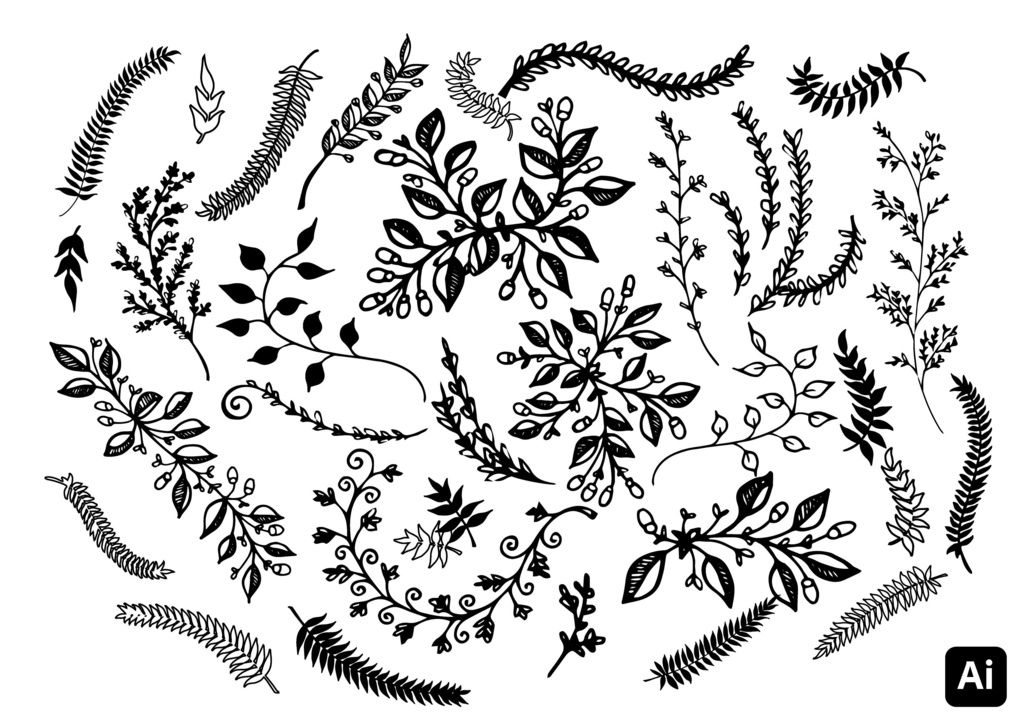 【デザイン素材】手描き草花ベクターセット .ai