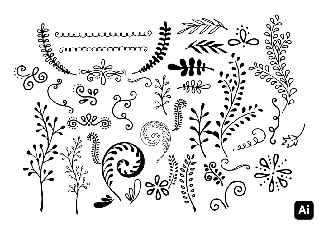 【デザイン素材】手描き草装飾セット .ai