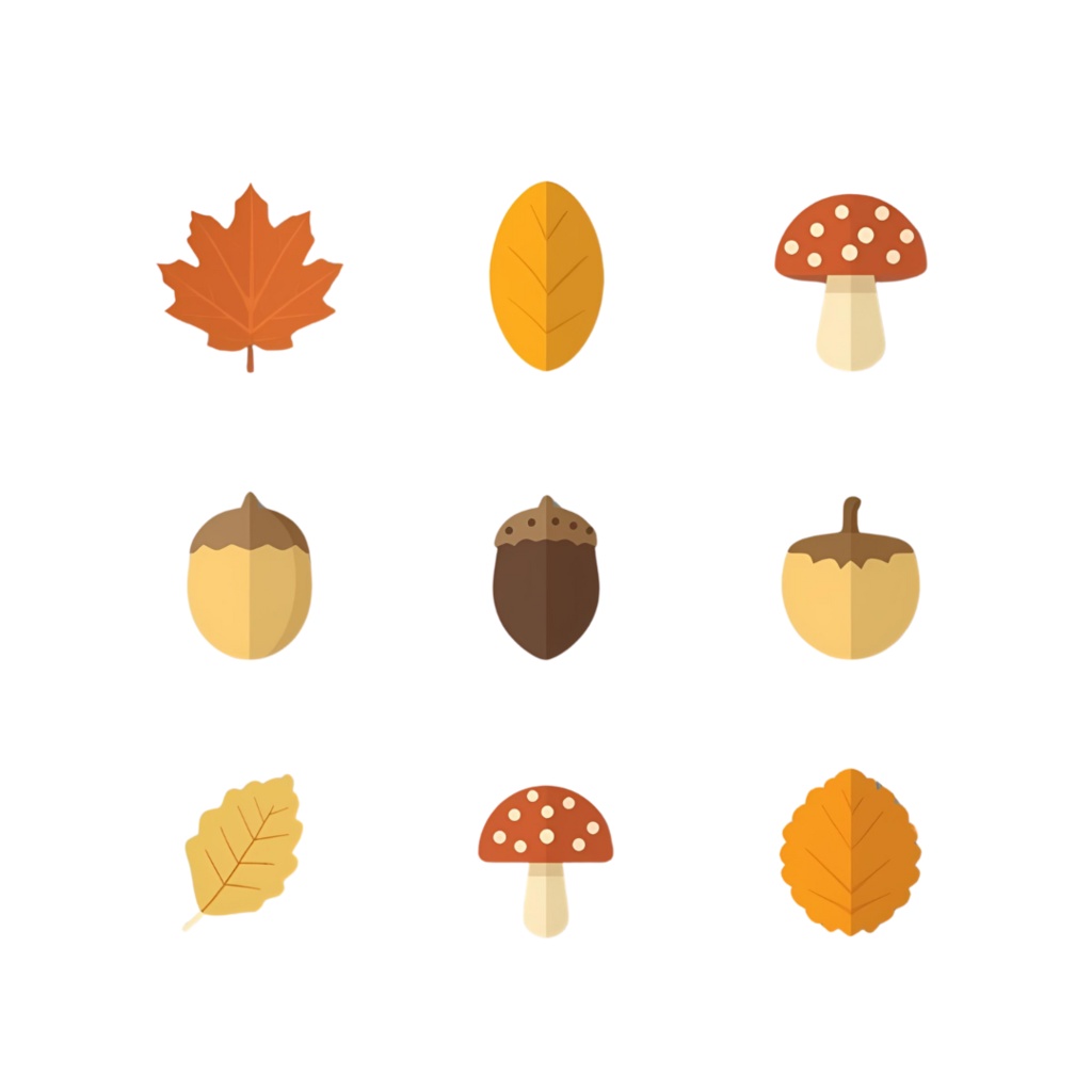 秋を彩るイラスト素材集|紅葉とどんぐりなどのシンプルイラスト15点セット(商用利用可)