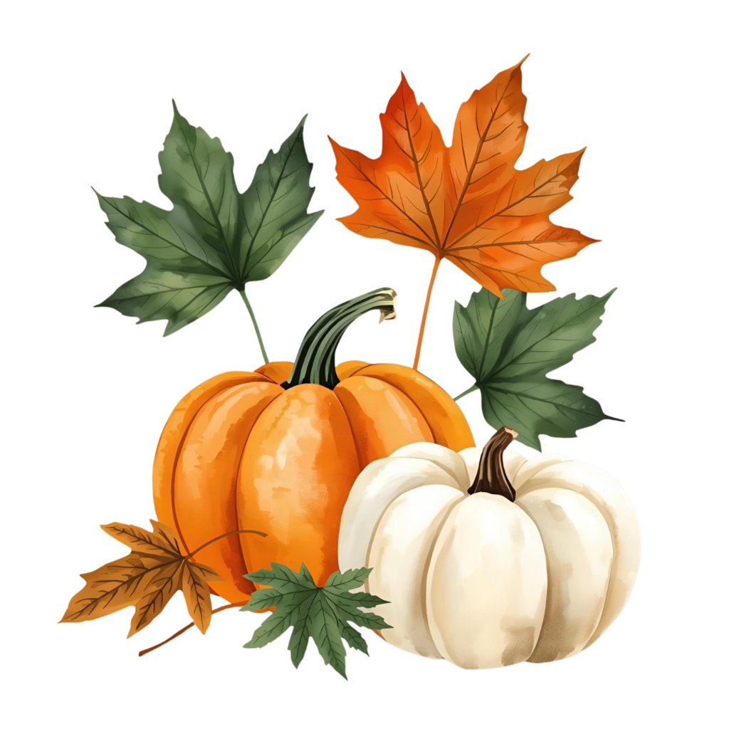 秋の水彩クリップアートセット|紅葉・どんぐり・かぼちゃ・リスetc.