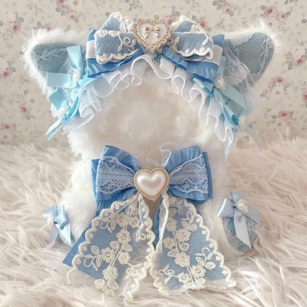 アンティーク姫系♡おすわり１２ｃｍぬい服♡ねこの着ぐるみ♡レース柄水色