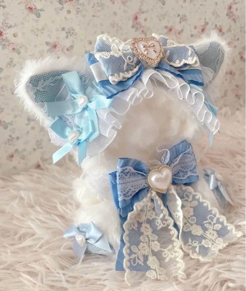 アンティーク姫系♡おすわり12cmぬい服♡ねこの着ぐるみ♡レース柄水色