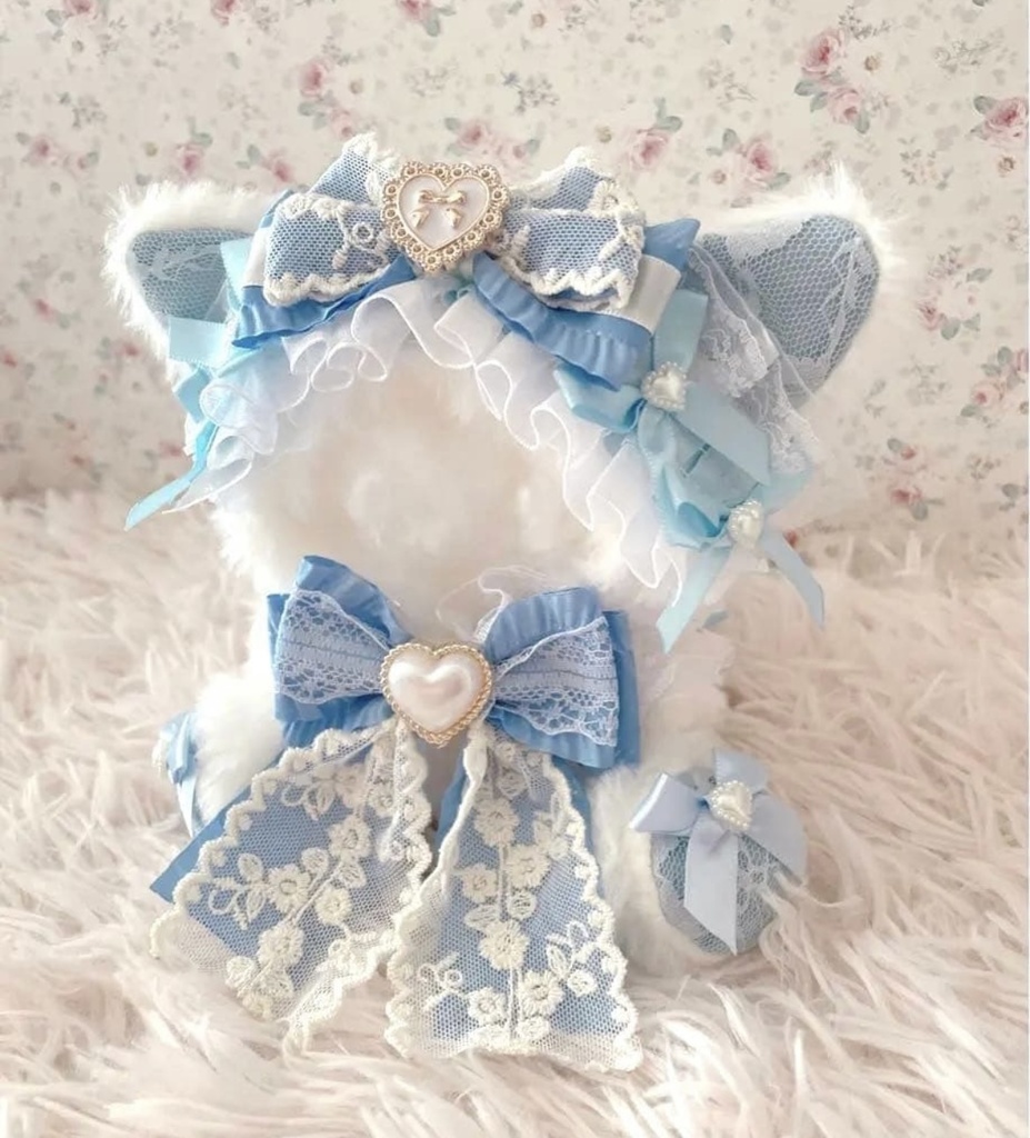 アンティーク姫系♡おすわり12cmぬい服♡ねこの着ぐるみ♡レース柄水色