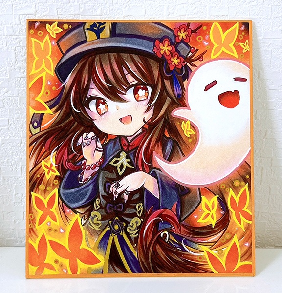 同人手描きイラスト☆原神 胡桃(フータオ)☆小色紙