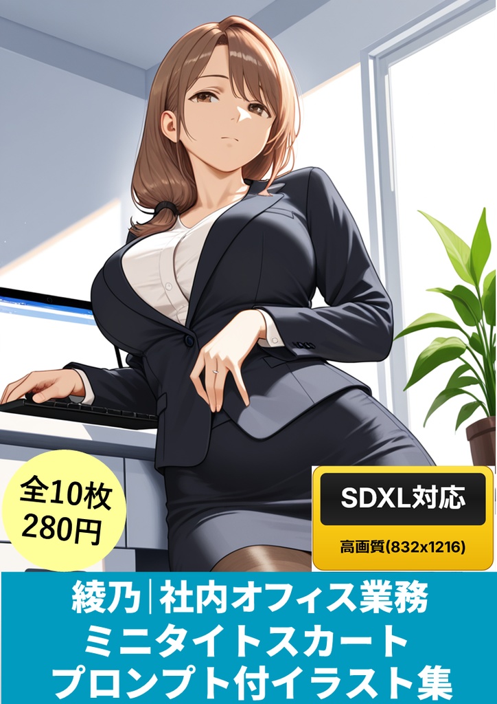 綾乃|社内オフィス業務・ミニタイトスカート・プロプト付きイラスト集