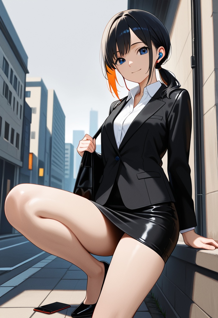 遥香|通勤路の黒スーツ・スマホ&イヤフォン(SDXLプロンプト付イラスト集)