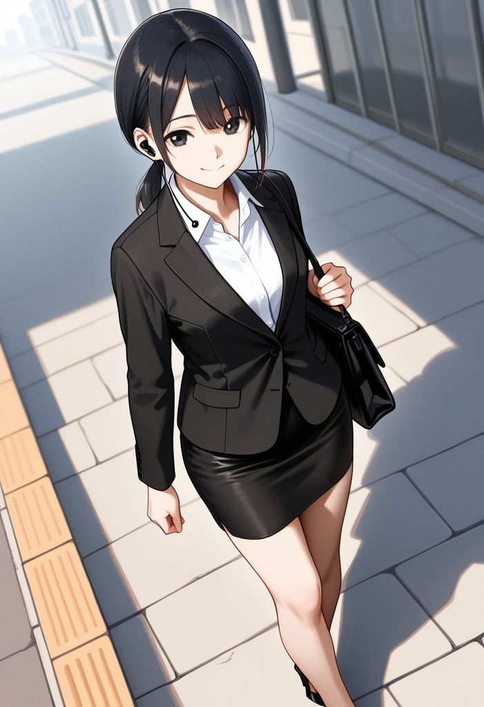 遥香|通勤路の黒スーツ・スマホ&イヤフォン(SDXLプロンプト付イラスト集)