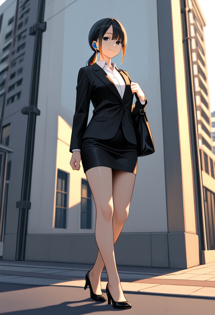 遥香|通勤路の黒スーツ・スマホ&イヤフォン(SDXLプロンプト付イラスト集)