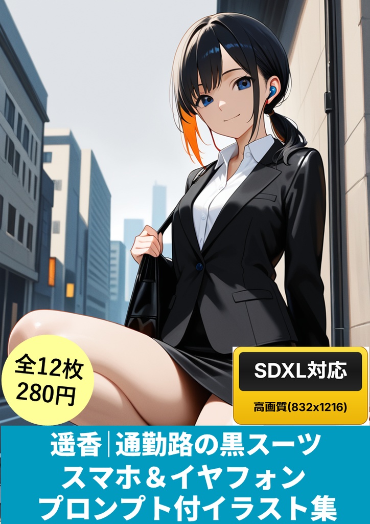遥香|通勤路の黒スーツ・スマホ&イヤフォン(SDXLプロンプト付イラスト集)