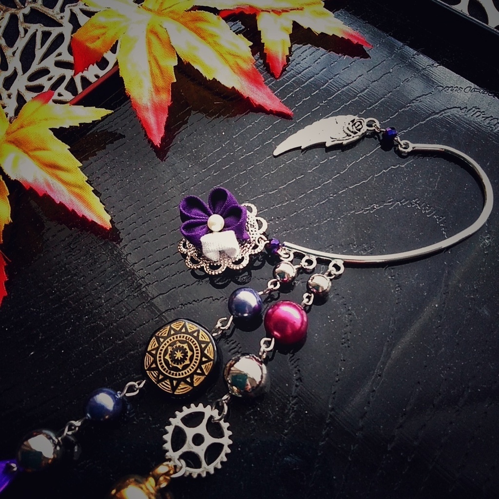 シック モダン 和風 歯車 個性的 つまみ細工 イヤーフック 紫 白 17