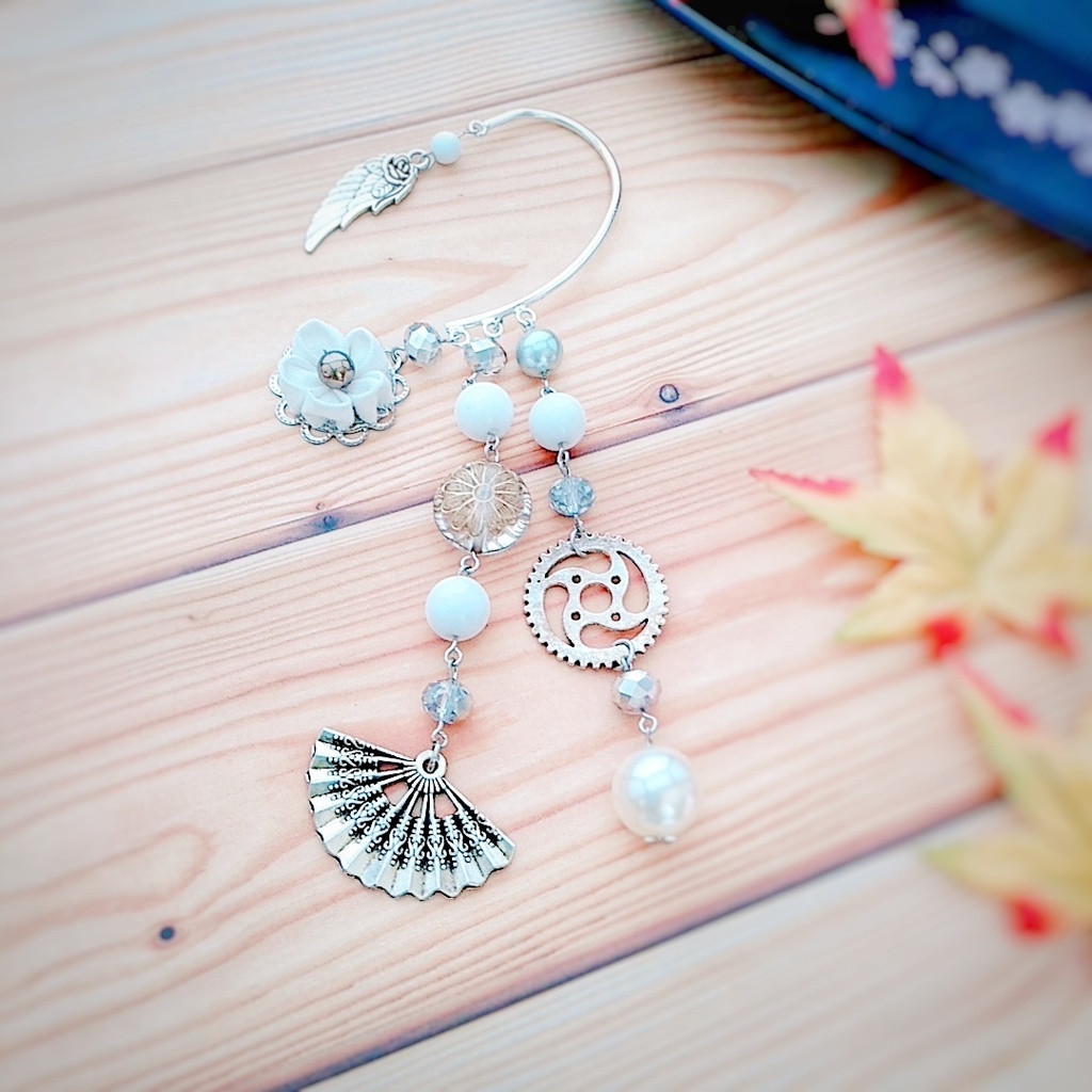 和風 ホワイト パール つまみ細工 お花 歯車 個性的なイヤーフック 123