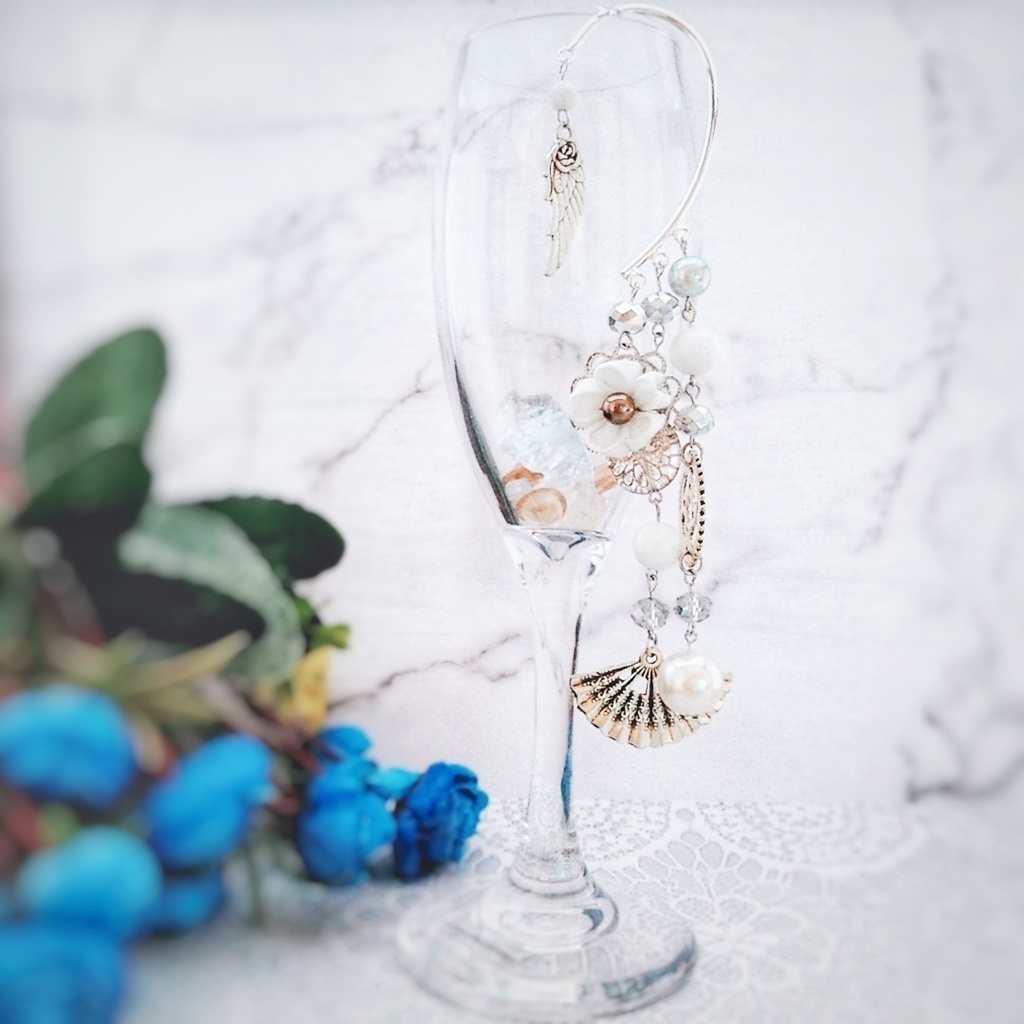 和風 ホワイト パール つまみ細工 お花 歯車 個性的なイヤーフック 123