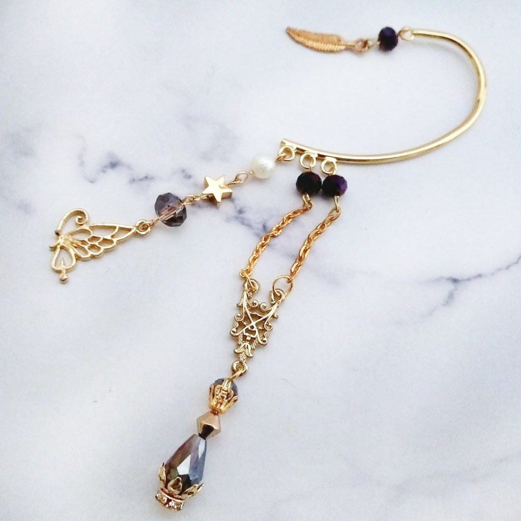 蝶々と魔法石のイヤーフック　初級魔法　メイジ専用　闇属性　紫　　初心者向け　シンプル　プレゼントにも　182