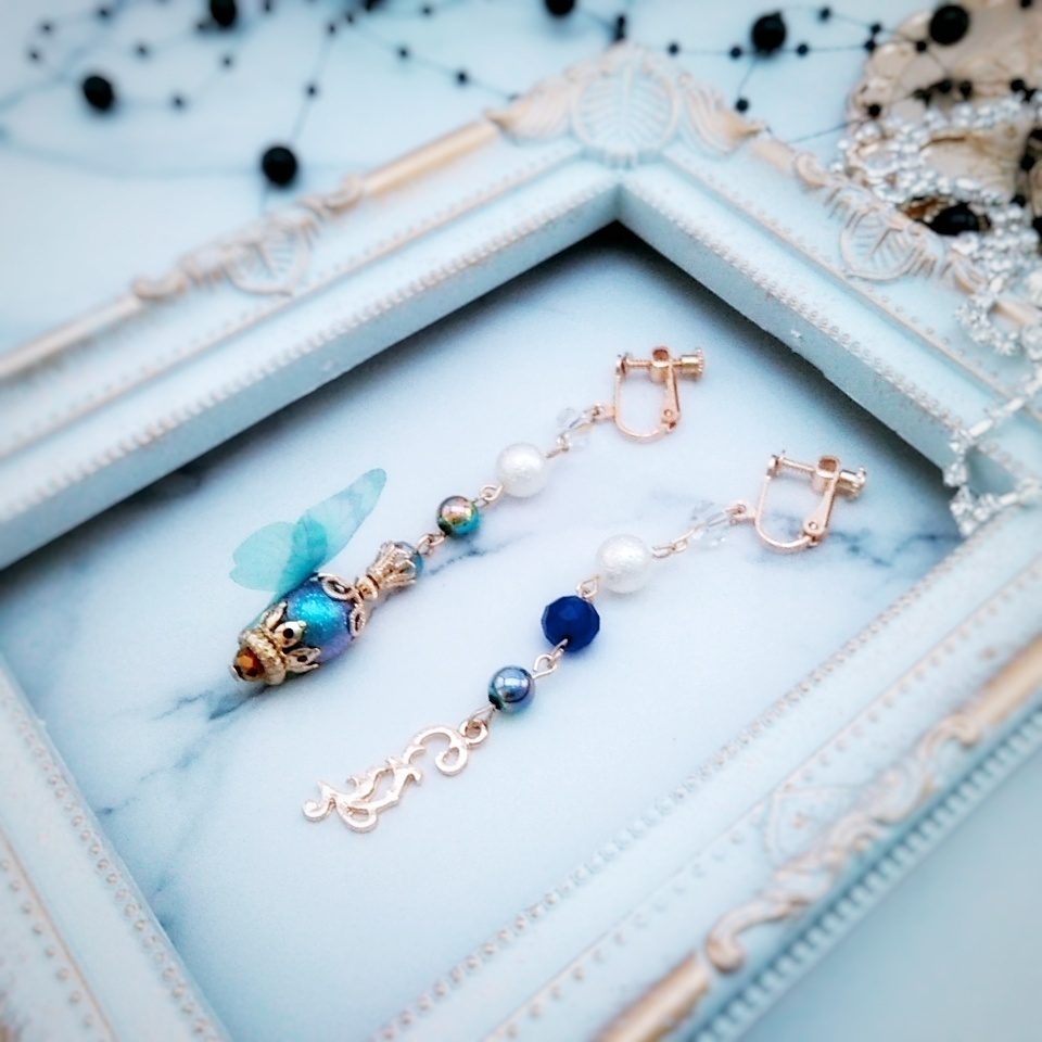 蝶々とパールのイヤリング　ブルー　ファンタジー　中級魔法　ウィザード専用　水属性　　　267