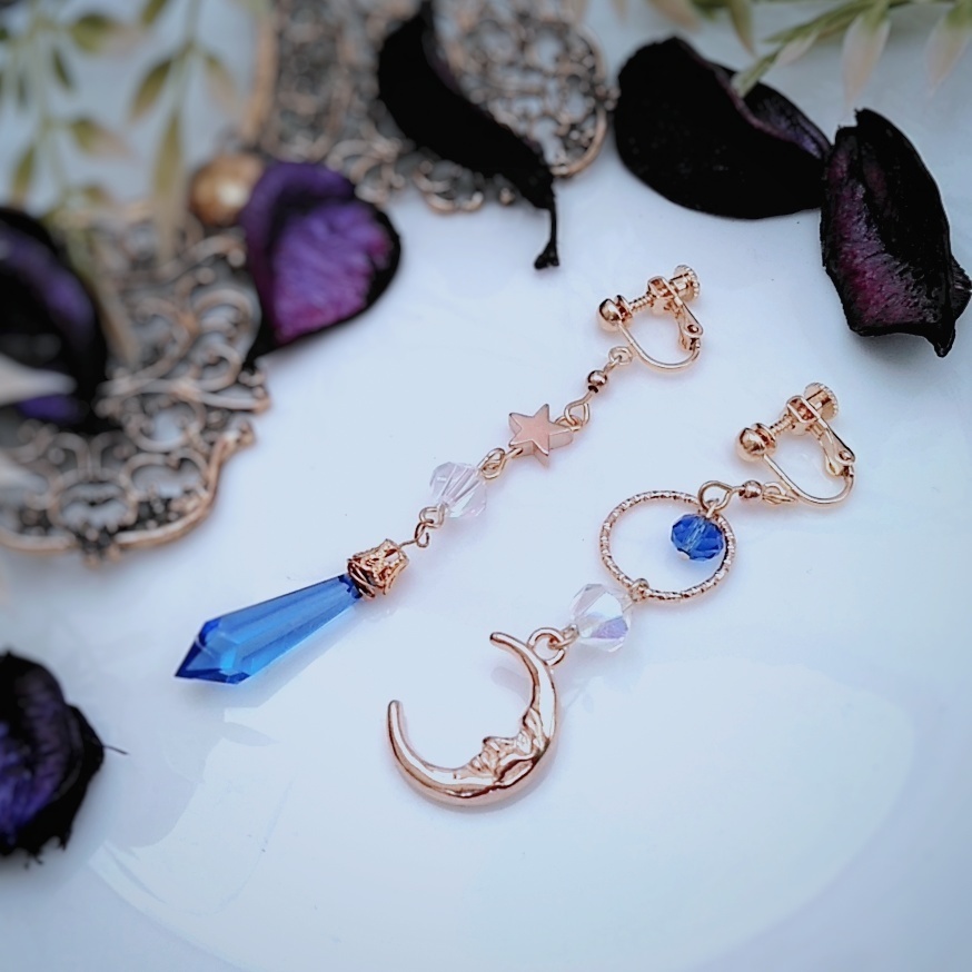 星と月の魔法石イヤリング　ブルー　中級魔法　ウィザード専用　水属性　343