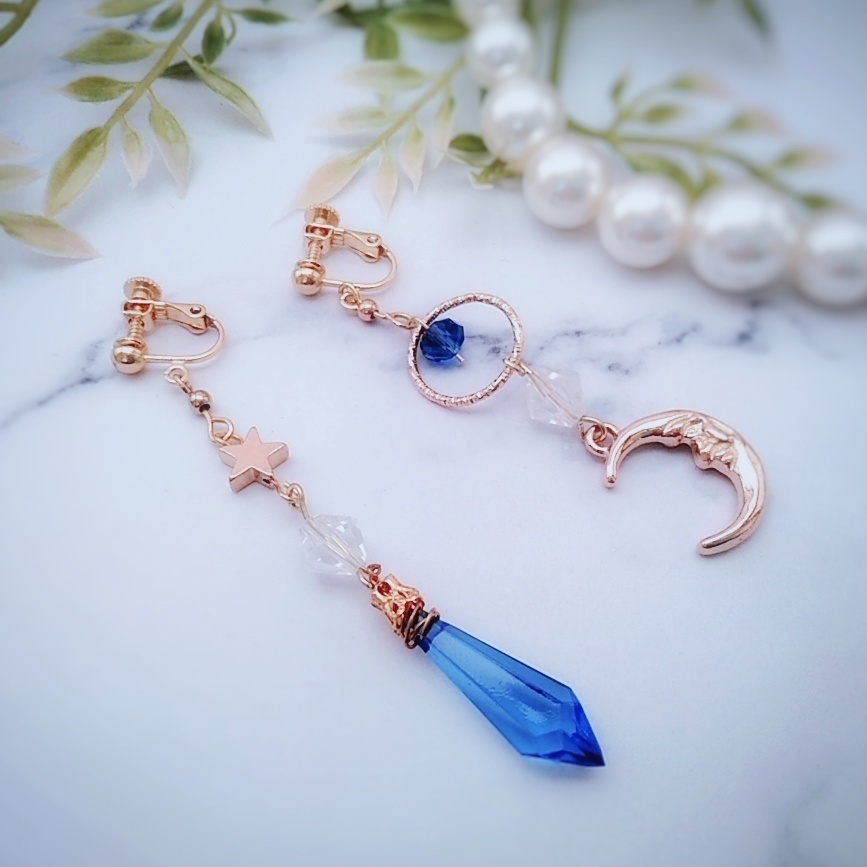 星と月の魔法石イヤリング ブルー 中級魔法 ウィザード専用 水属性 343