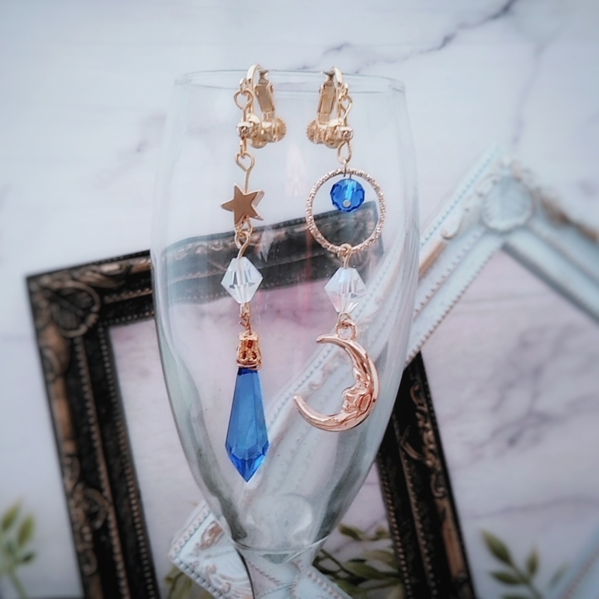 星と月の魔法石イヤリング ブルー 中級魔法 ウィザード専用 水属性 343