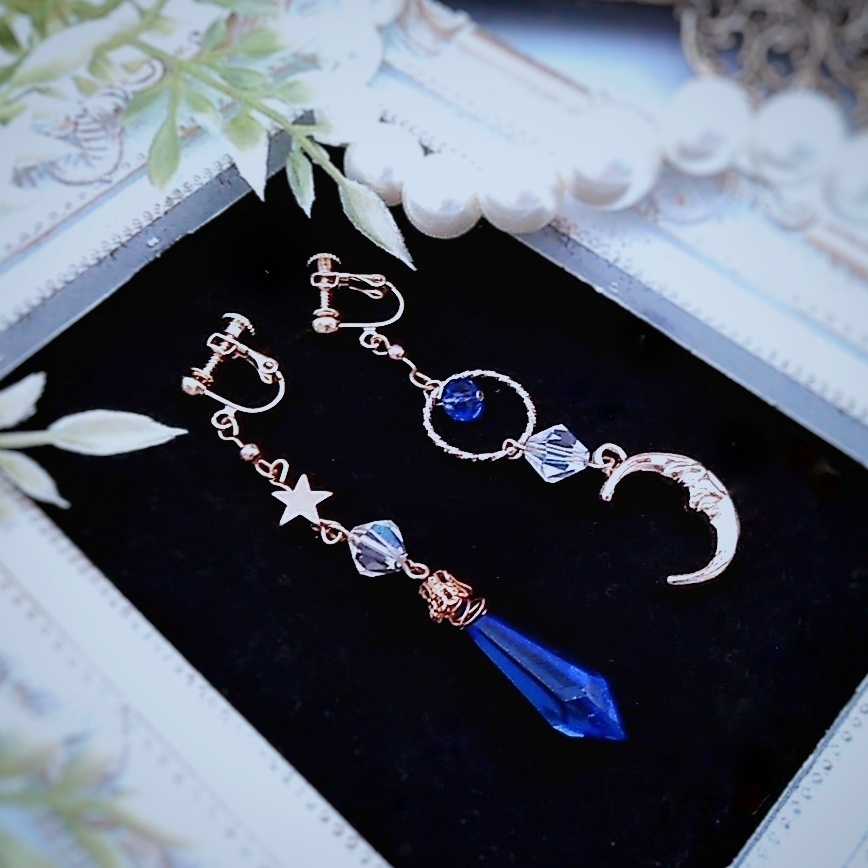 星と月の魔法石イヤリング ブルー 中級魔法 ウィザード専用 水属性 343