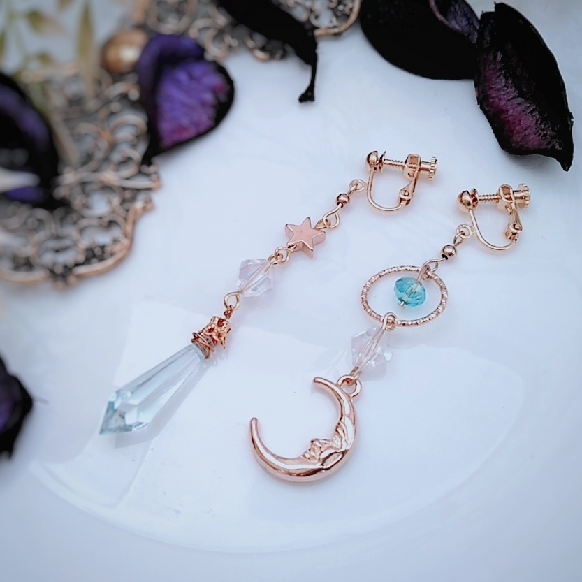 星と月の魔法石イヤリング スカイブルー 中級魔法 ウィザード専用 氷属性 344