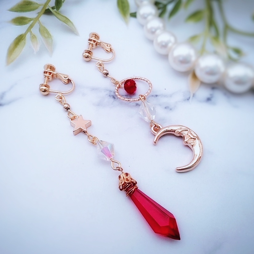 星と月の魔法石イヤリング レッド 中級魔法 ウィザード専用 火属性 345