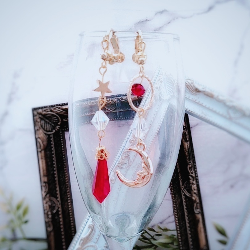 星と月の魔法石イヤリング レッド 中級魔法 ウィザード専用 火属性 345