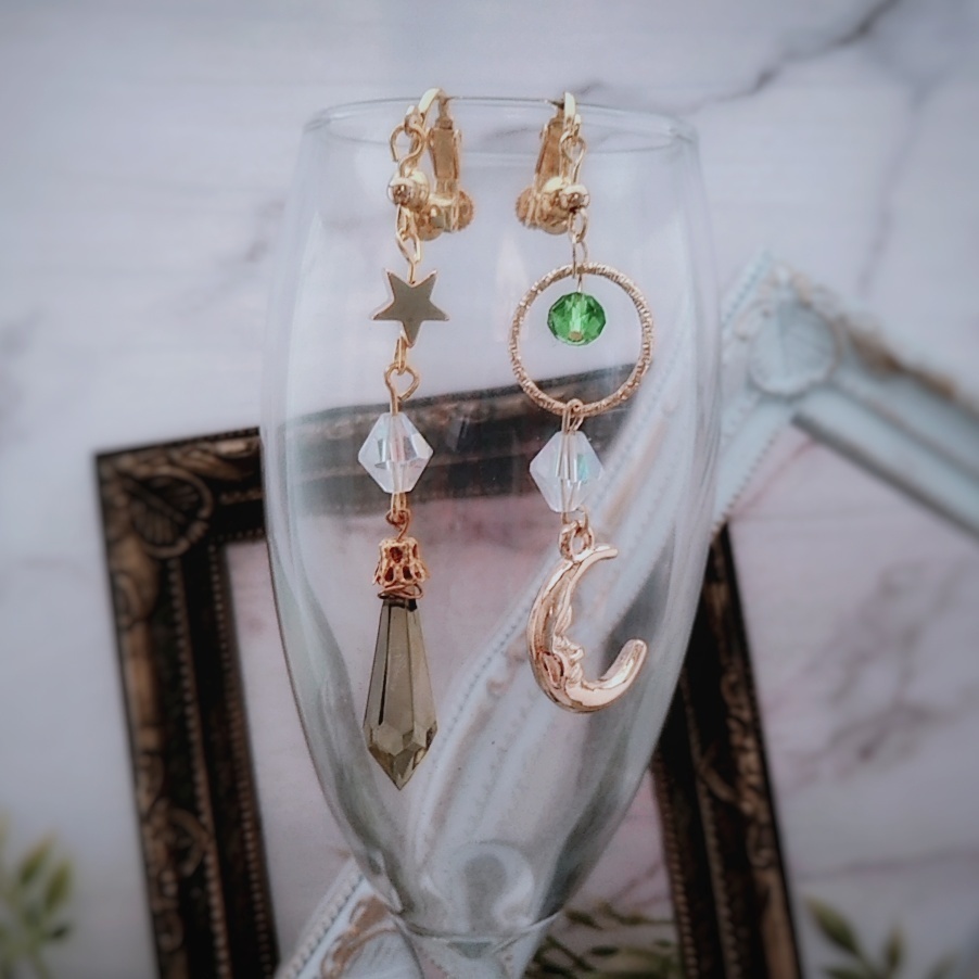 星と月の魔法石イヤリング グリーン 中級魔法 ウィザード専用 風属性 346