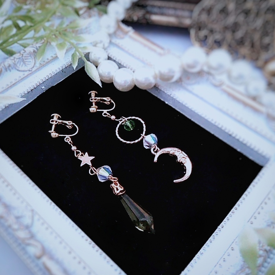 星と月の魔法石イヤリング グリーン 中級魔法 ウィザード専用 風属性 346