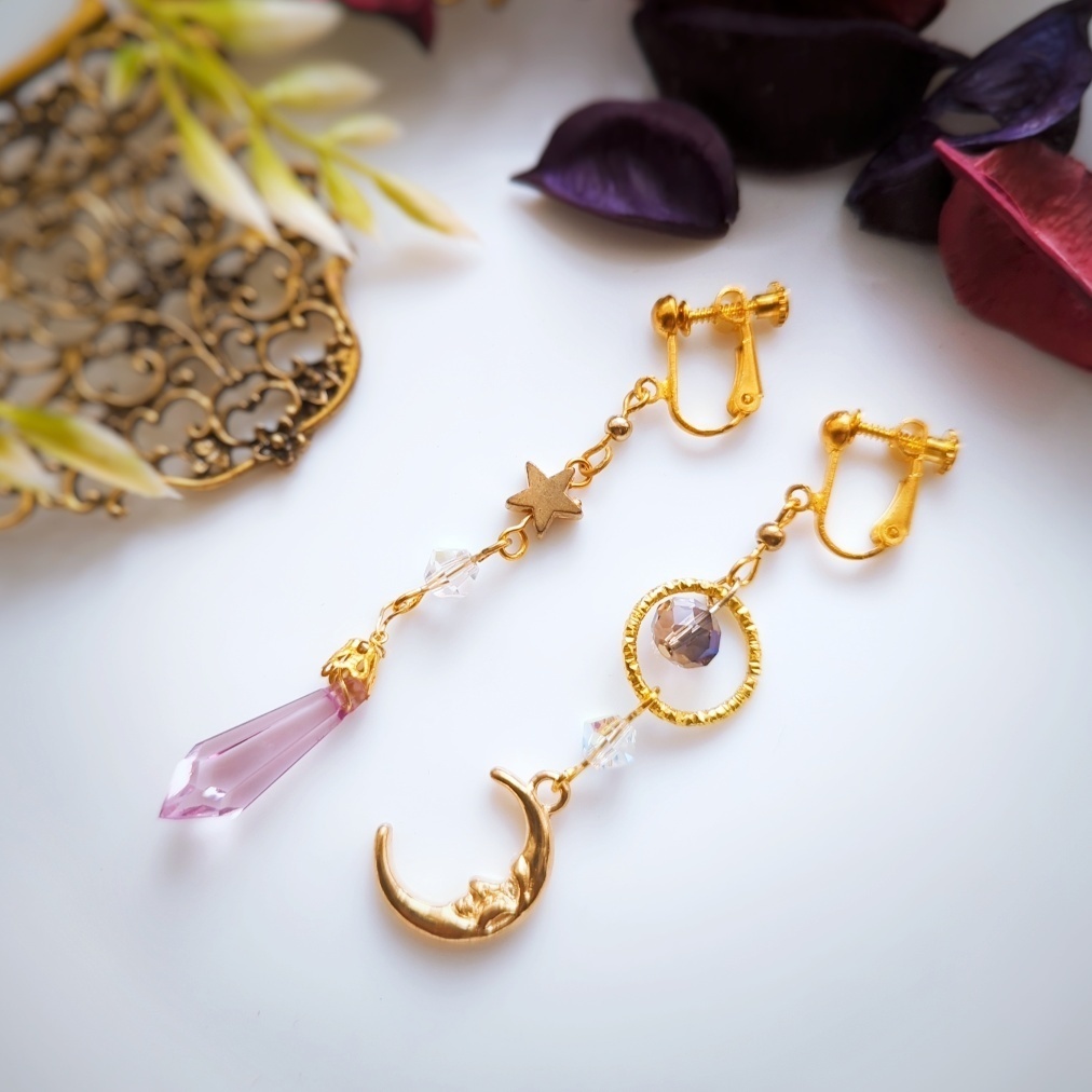 星と月の魔法石イヤリング ライトパープル 中級魔法 ウィザード専用 闇属性(軽度) 347