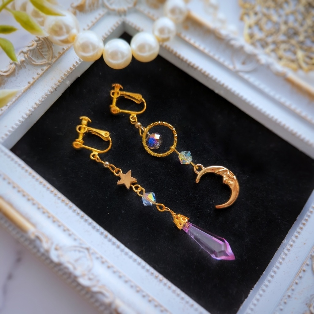 星と月の魔法石イヤリング ライトパープル 中級魔法 ウィザード専用 闇属性(軽度) 347