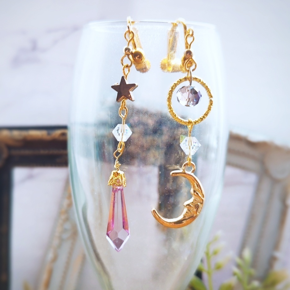 星と月の魔法石イヤリング ライトパープル 中級魔法 ウィザード専用 闇属性(軽度) 347