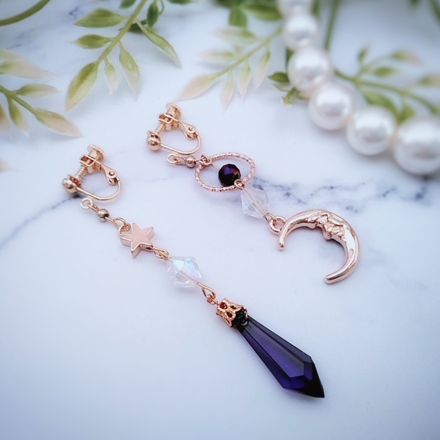 星と月の魔法石イヤリング パープル 中級魔法 ウィザード専用 闇属性(中度) 348