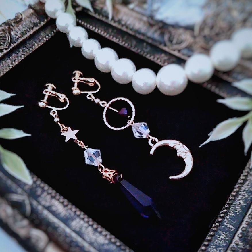 星と月の魔法石イヤリング パープル 中級魔法 ウィザード専用 闇属性(中度) 348