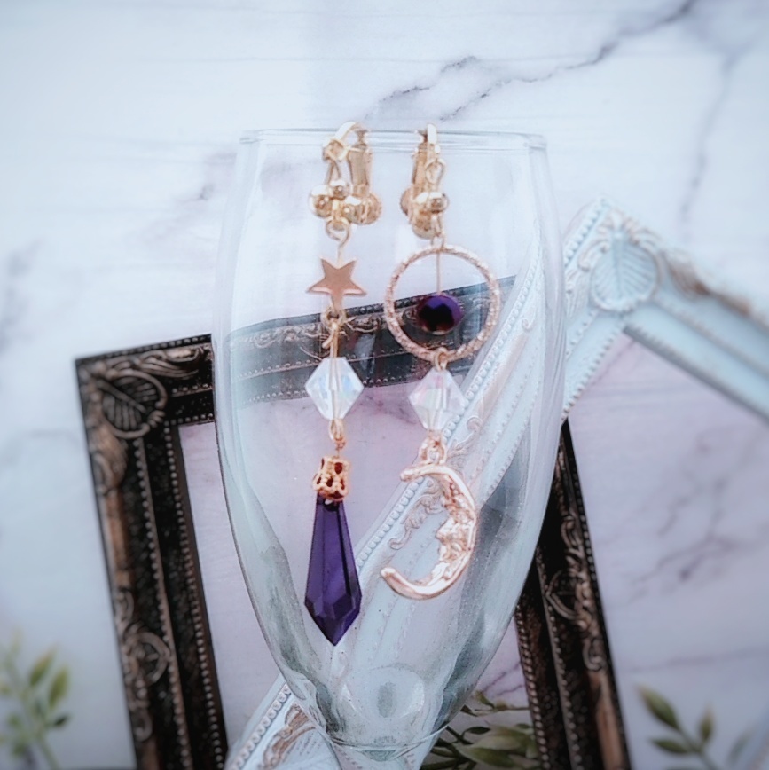 星と月の魔法石イヤリング パープル 中級魔法 ウィザード専用 闇属性(中度) 348