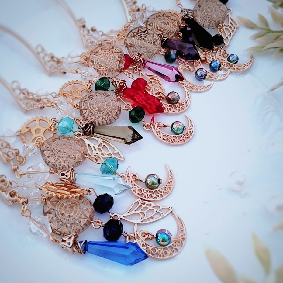 蝶々と月のイヤーフック ブルー 中級魔法 ウィザード専用 水属性 魔法石 魔法陣 355