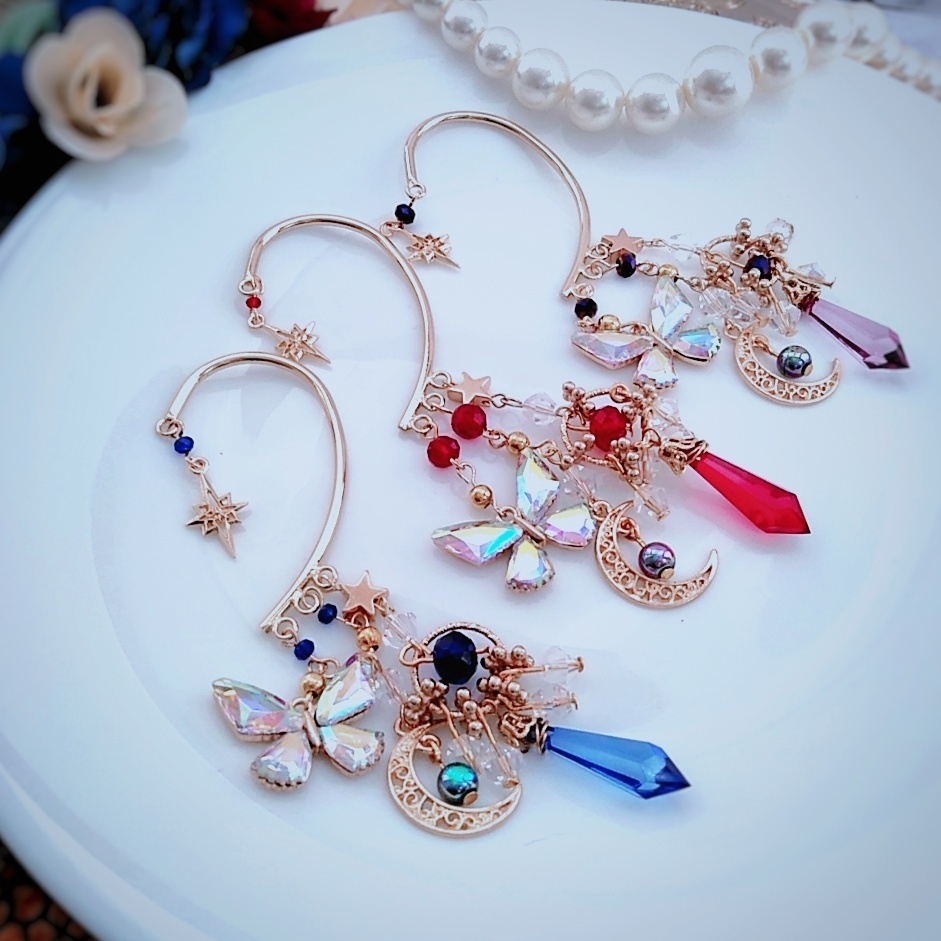 オーロラ蝶々のイヤーフック レッド 上級魔法 ハイウィザード専用 火属性 魔法石 月 流れ星 364